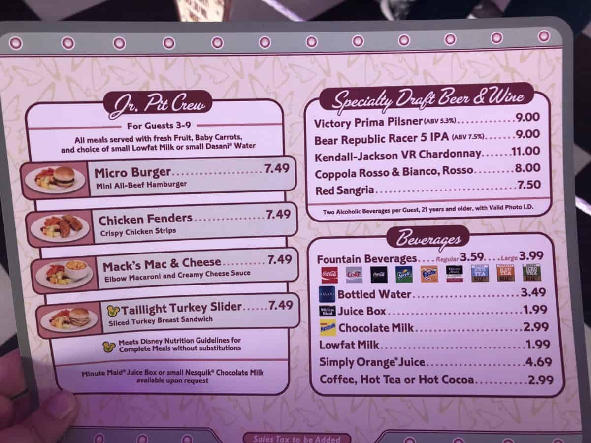The kids menu and beverages on the updated lunch menu at Flo's V8 Cafe in Carsland in Disney California Adventure