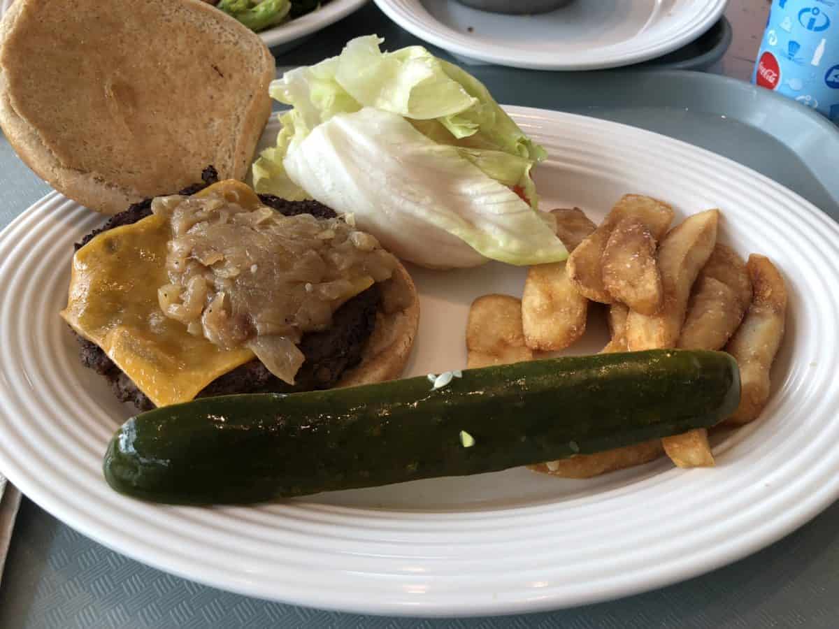 The cheeseburger from the updated lunch menu at Flo's V8 Cafe in Carsland in Disney California Adventure