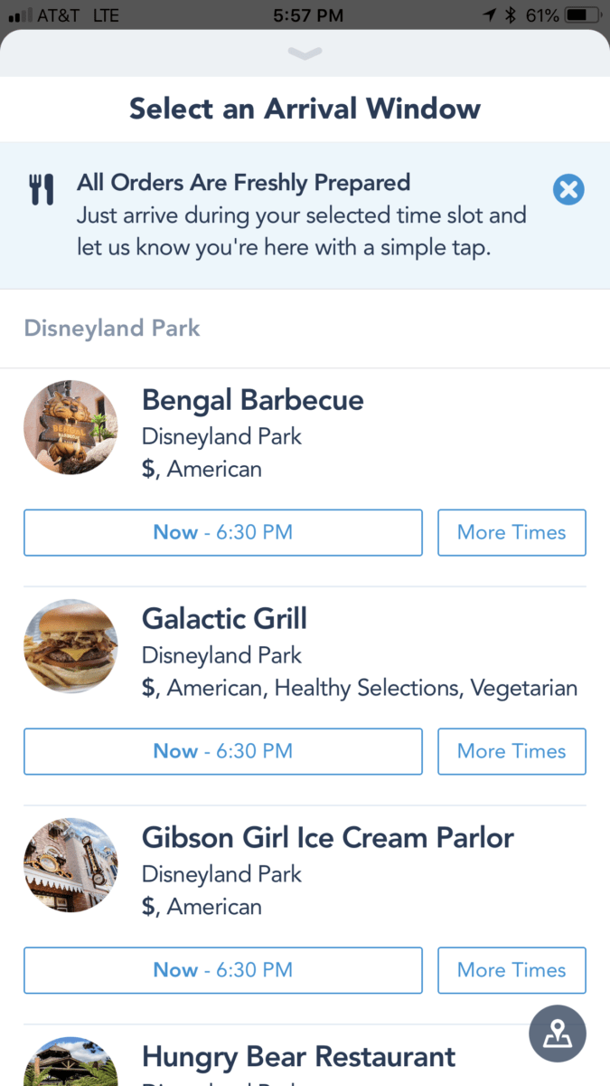 The start page for the Mobile Ordering Service on the Disneyland App