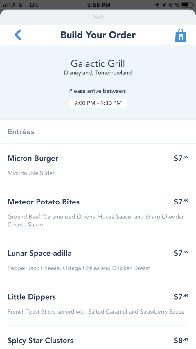 Looking at the Galactic Grill's menu using Disneyland's Mobile Ordering Service
