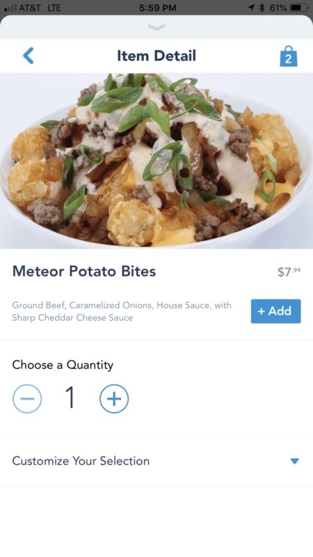 The ordering page for Meteor Potato Bites at the Galactic Grill using Disneyland's Mobile Ordering Service