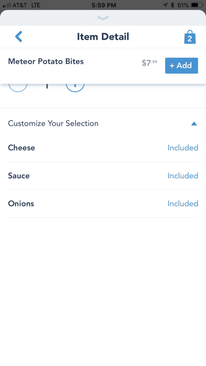 The customization portion of the ordering page for Meteor Potato Bites at the Galactic Grill using Disneyland's Mobile Ordering Service