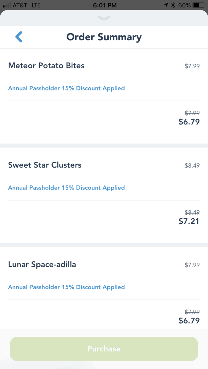 The order summary for a meal at from the Galactic Grill's Late Night Menu, using Disneyland's Mobile Ordering Service
