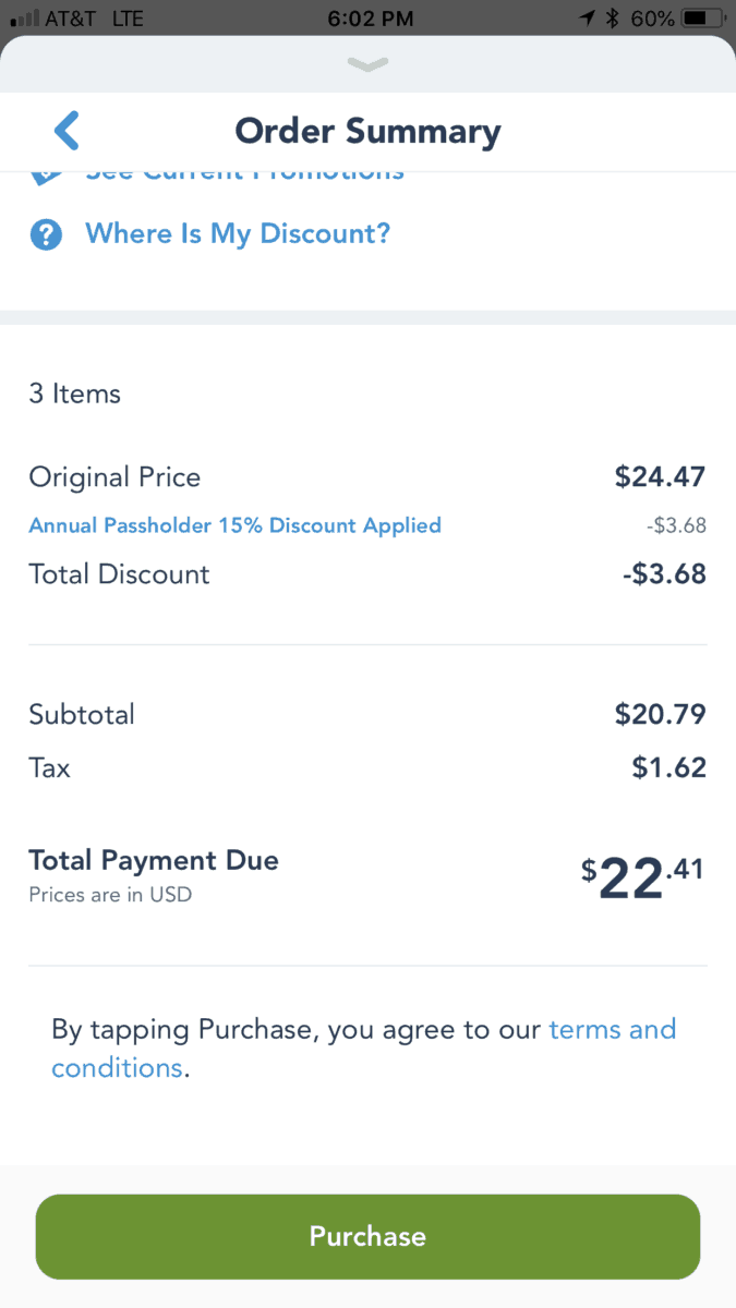 The order total for a meal at from the Galactic Grill's Late Night Menu, using Disneyland's Mobile Ordering Service