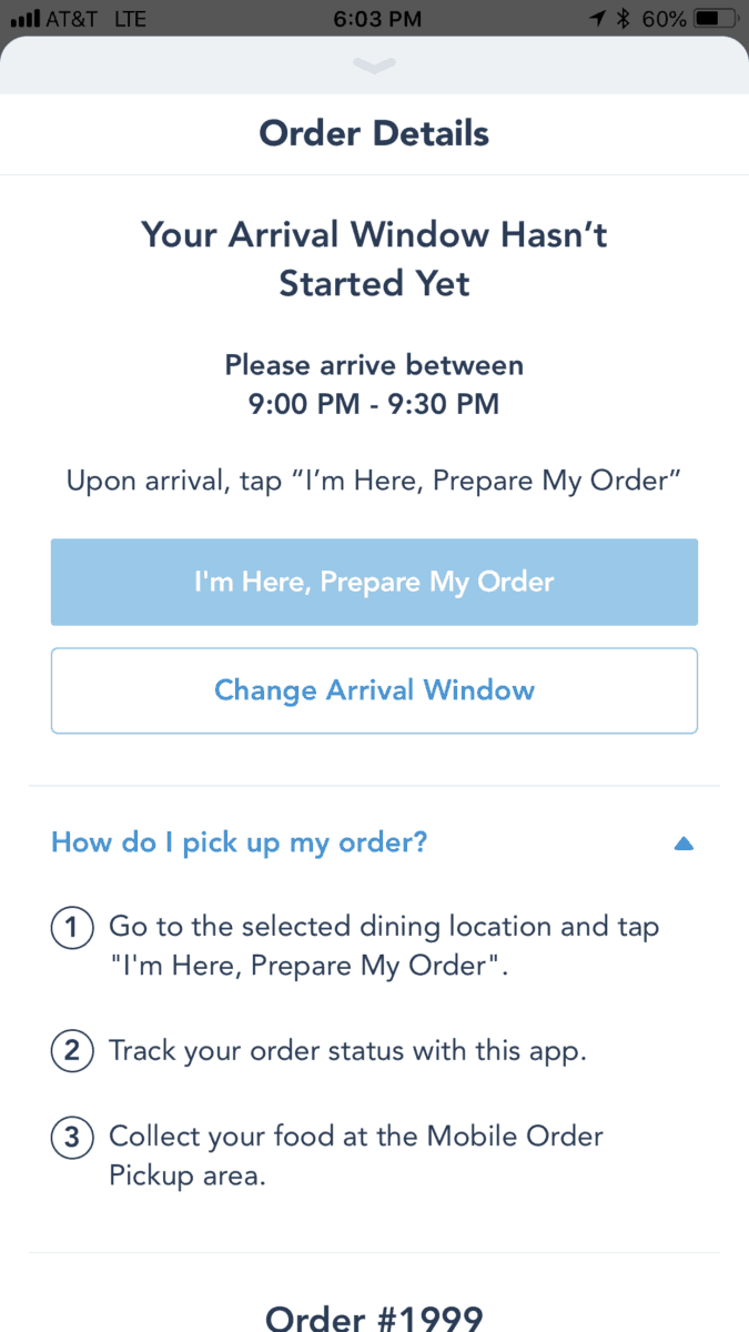 Waiting for the arrival window to open up on Disneyland's Mobile Ordering Service