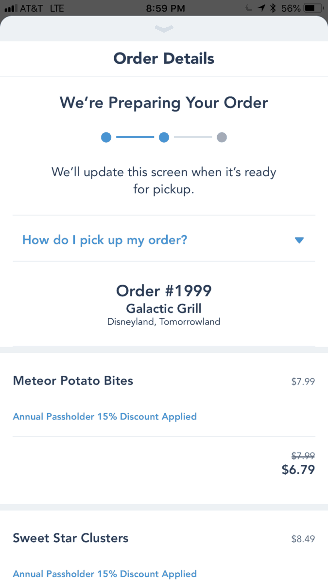 Tracking the order status using Disneyland's Mobile Ordering Service