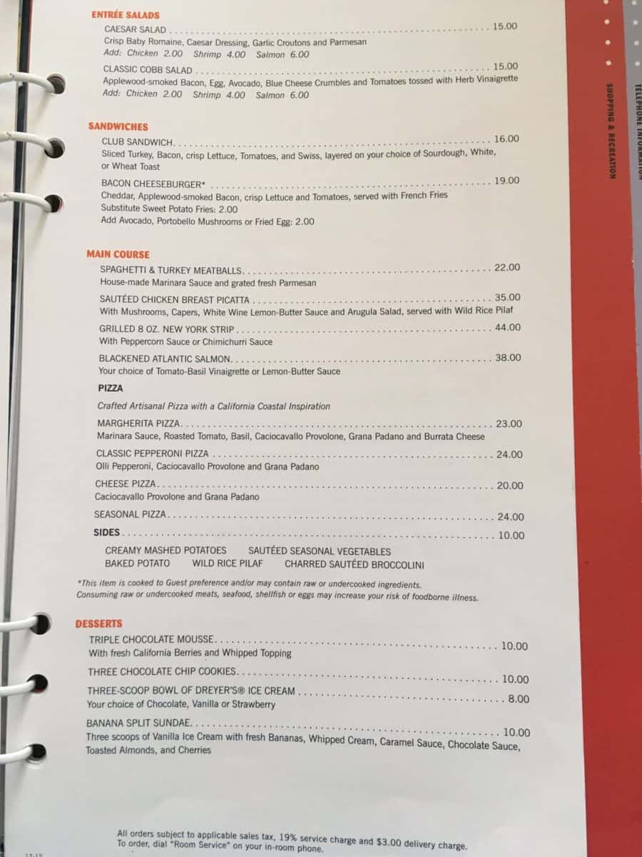 The dinner section of the room service menu for Disney's Paradise Pier Hotel at the Disneyland Resort