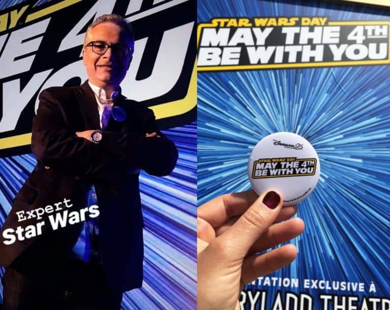 Patrice Girod on May the 4th 2018, Star Wars Day, in Disneyland Paris, and a button for those who attended the conference.