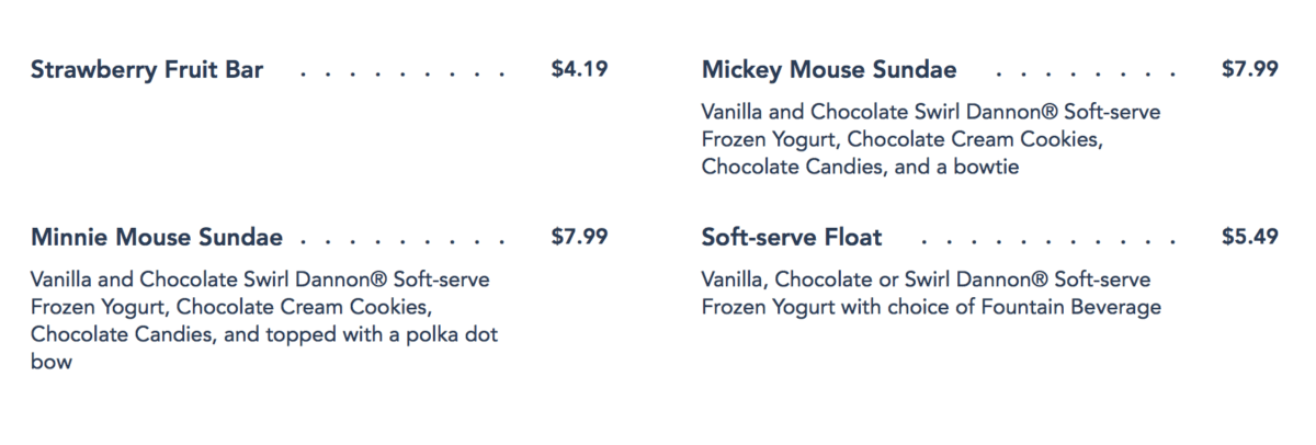 The description of the Mickey and Minnie Sundaes, taken from the online menu for Clarabelle's