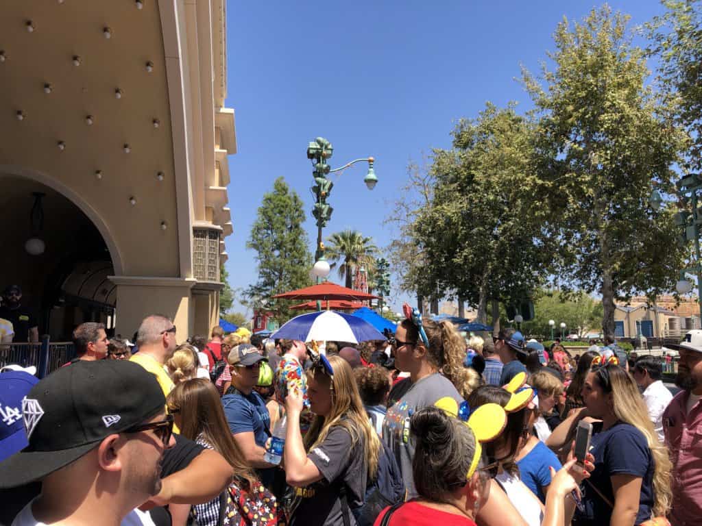 Crowd waiting to check in at Pixar Pier Premiere