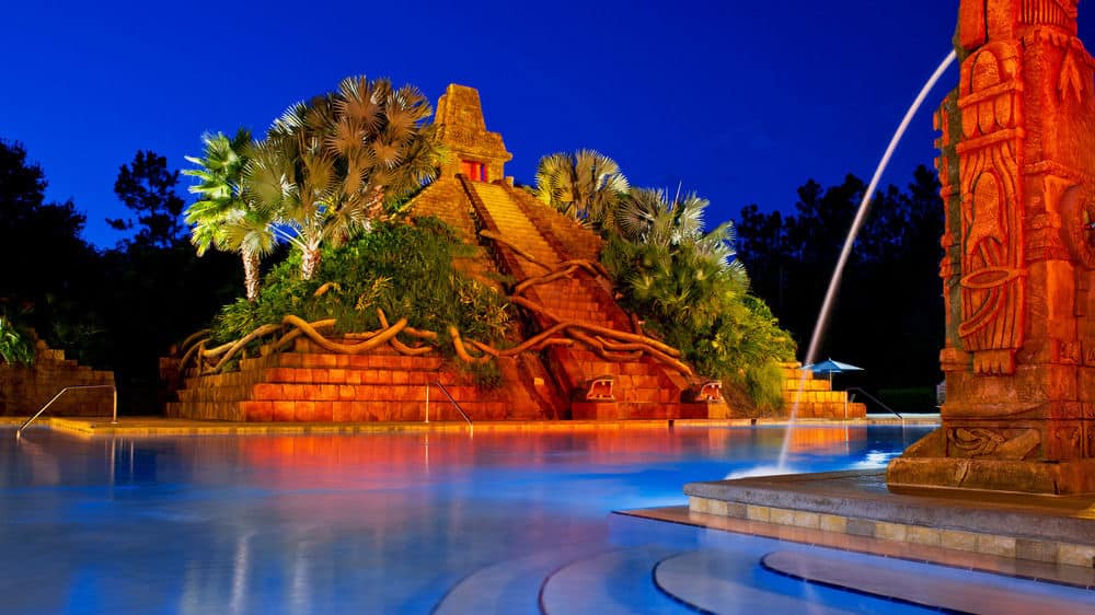 The Coronado Springs Pyramid Pool at night.