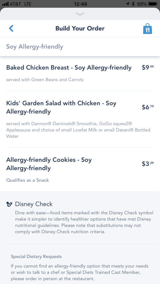 WDW Mobile Ordering App - Gluten-free menu options