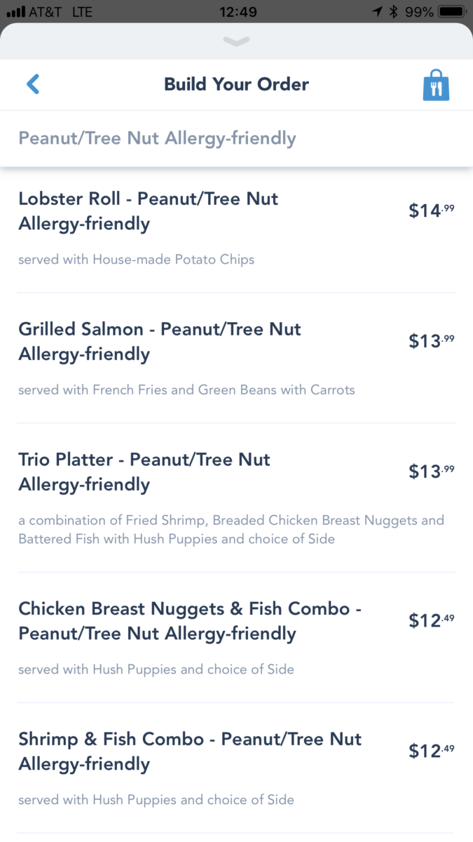 WDW Mobile Ordering App - Gluten-free menu options