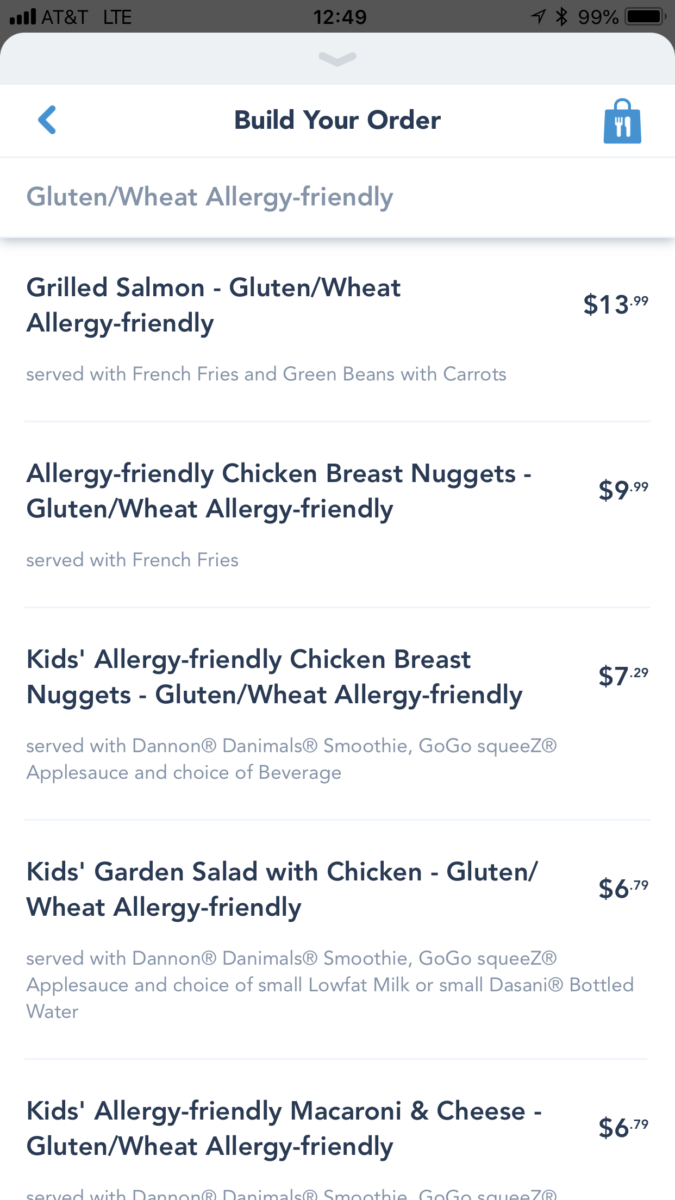 WDW Mobile Ordering App - Gluten-free menu options