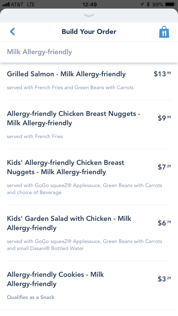 WDW Mobile Ordering App - Gluten-free menu options