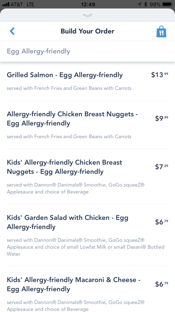 WDW Mobile Ordering App - Gluten-free menu options