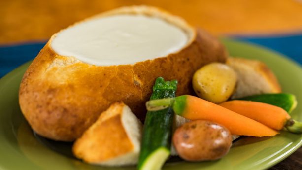 Cheese Fondue in a Bread Bowl with Fresh Steamed Baby Vegetables and Marble Potatoes featuring Melissa&rsquo;s Produce (Vegetarian) (Kid-Approved)
