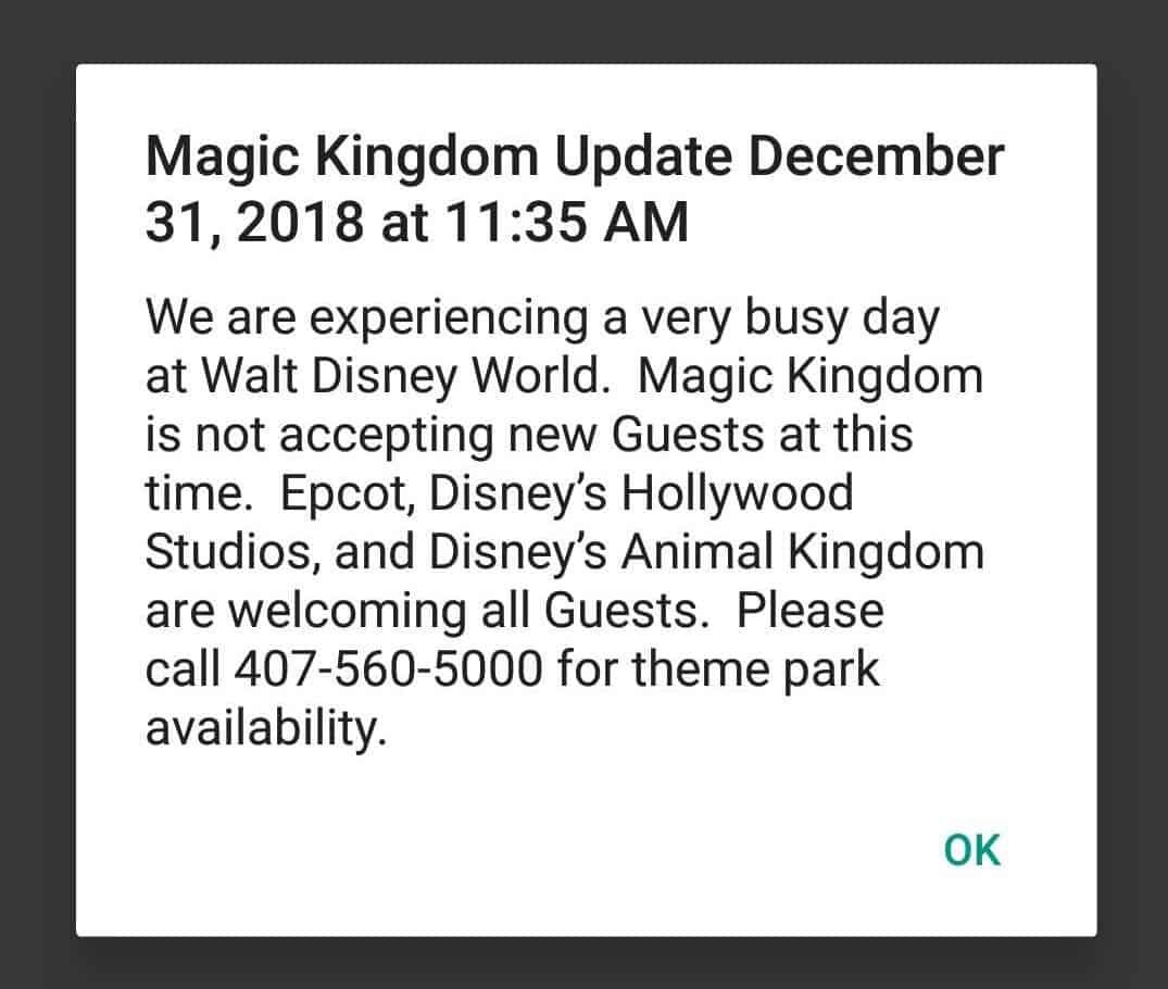 Notification on the My Disney Experience app alerting guests to the capacity closure.