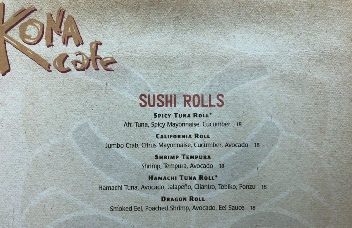 Kona Cafe New Menu January 2019 Sushi
