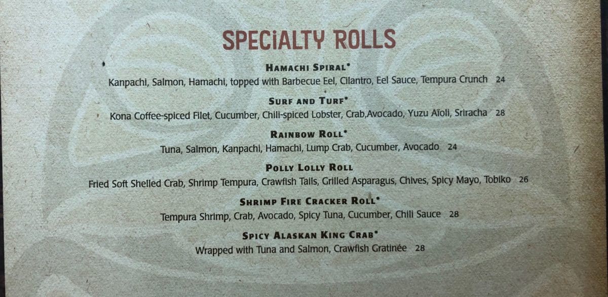 Kona Cafe New Menu January 2019 Specialty Rolls