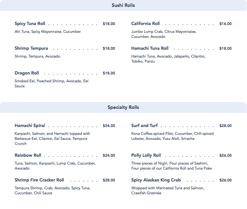 Kona Lunch Dinner Sushi Rolls Polynesian Resort Walt Disney World