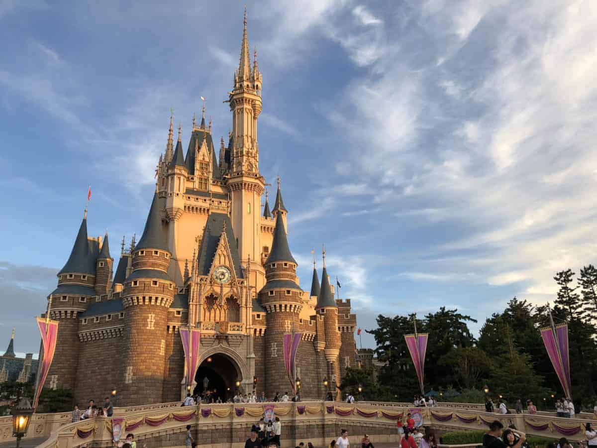 Cinderella Castle at Tokyo Disneyland during sunset