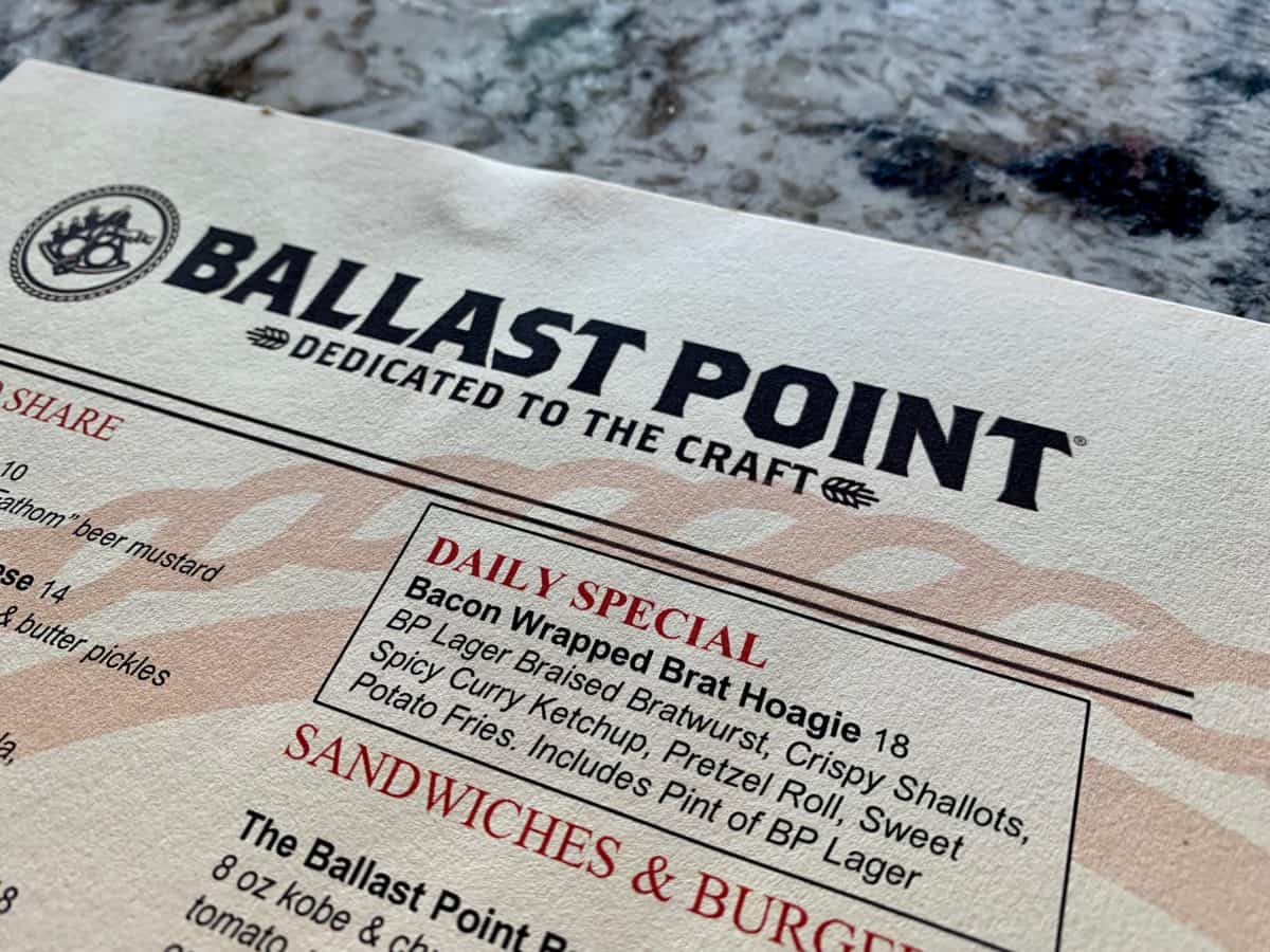 BP Lager and Bacon-Wrapped Bratwurst Hoagie Lager Madness Ballast Point Brewery Downtown Disney District