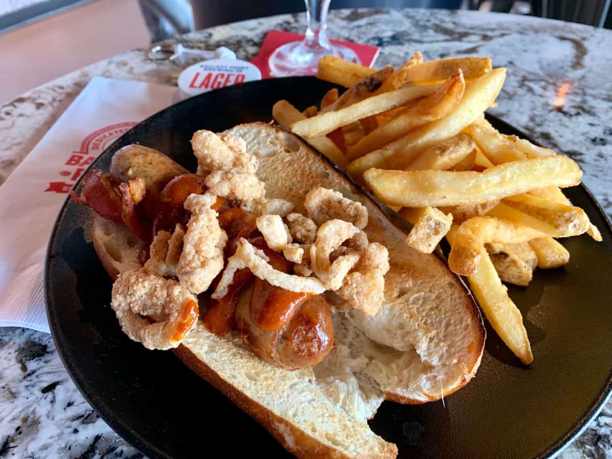 BP Lager and Bacon-Wrapped Bratwurst Hoagie Lager Madness Ballast Point Brewery Downtown Disney District