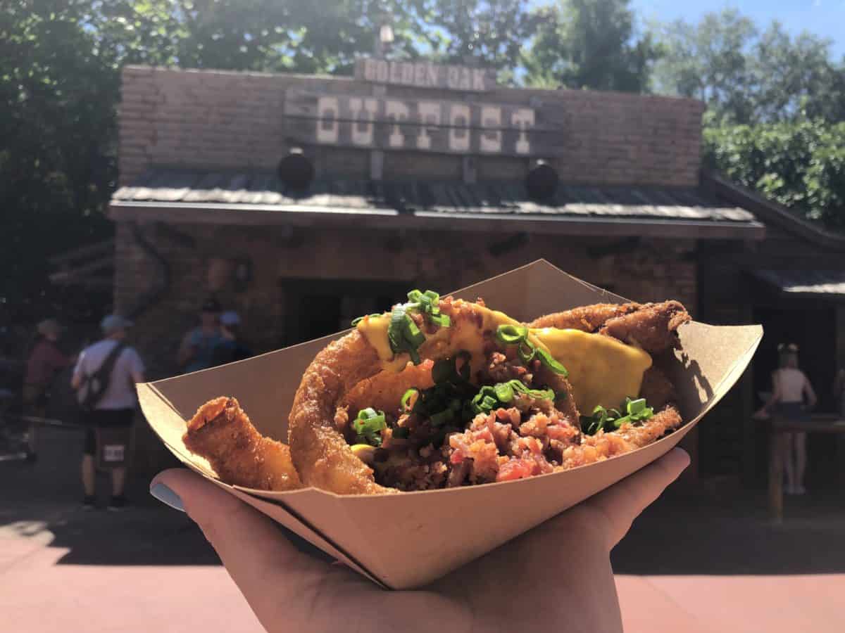Loaded Onion Rings with Cheese, Bacon, and scallions