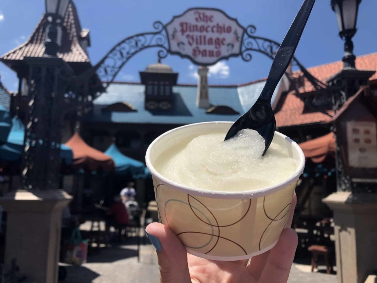 Lemon Sorbet in front of Pinocchio Village Haus