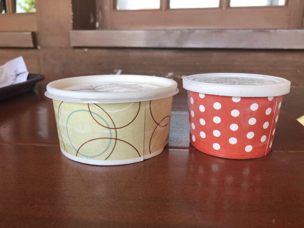 Lemon Sorbet served in a generic looking cup with swirls and a lid. Chocolate Gelato served in smaller polka dot cup with a lid