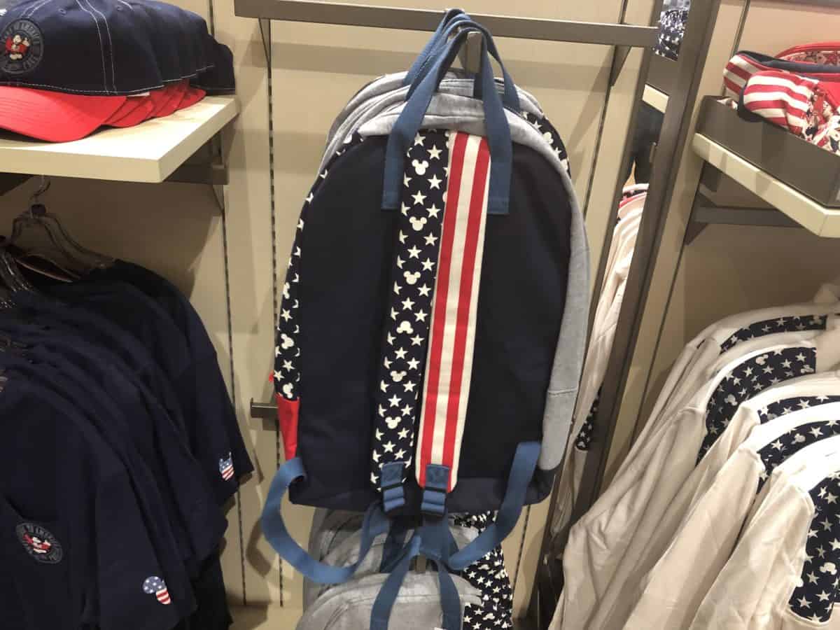 The Americana backpack straps are red and white striped, and blue with stars and mickey heads.