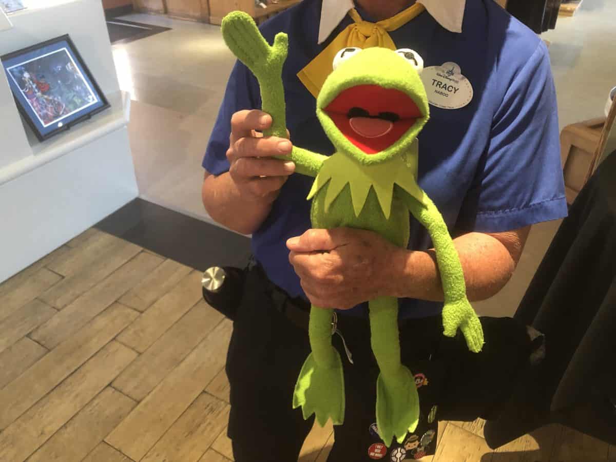 A cast member holding a Kermit plush 