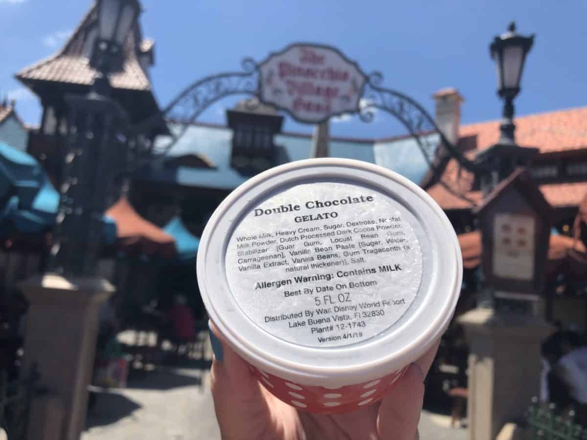 Pinocchio Village Haus Chocolate Gelato in front of the entrance