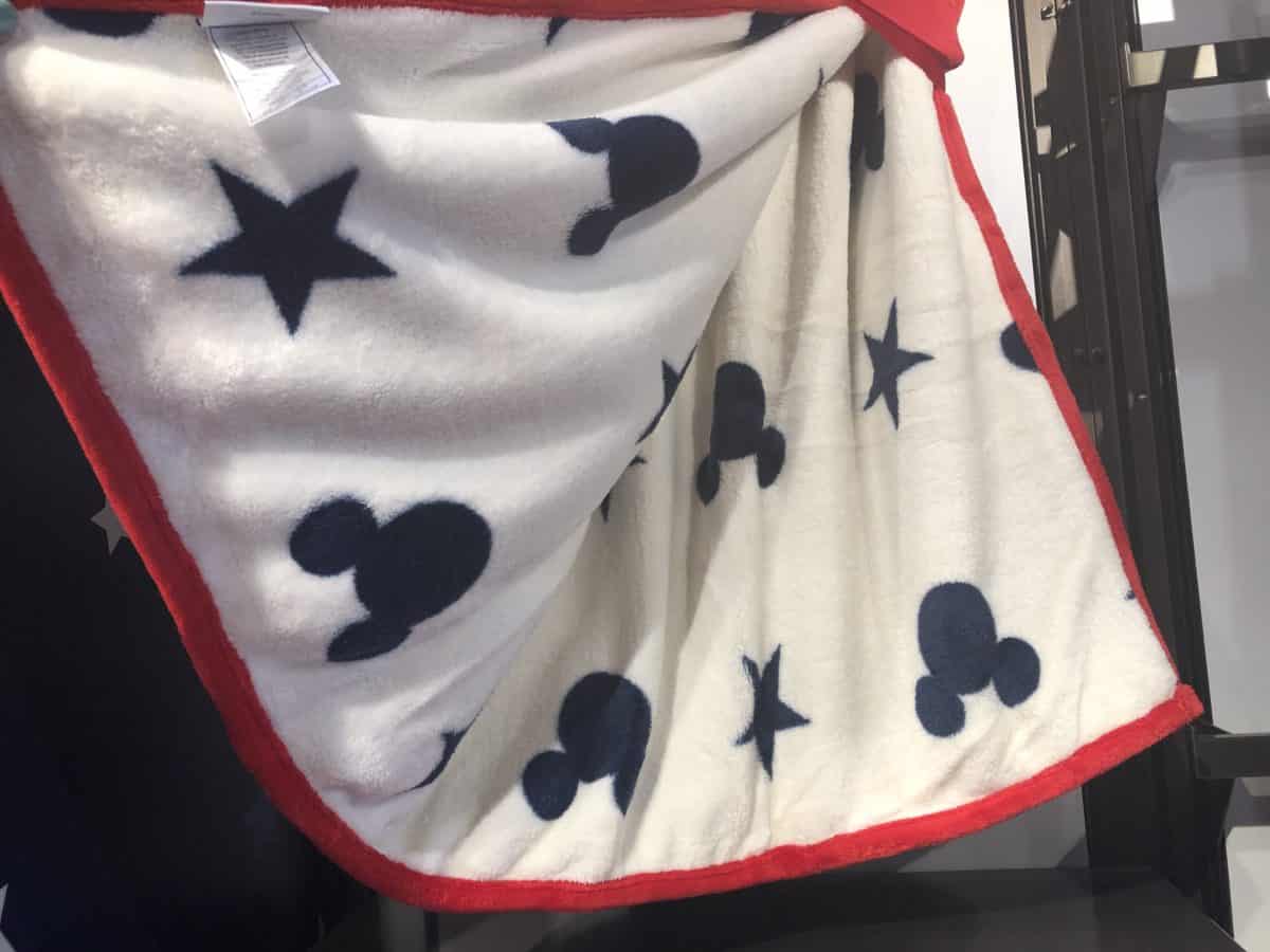 Mickey Americana Throw Blanket Reverse side with white background and blue stars and Mickeys.