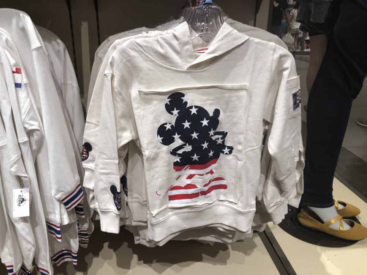 Stars and Stripes Mickey Silhouette on a white youth hoodie.