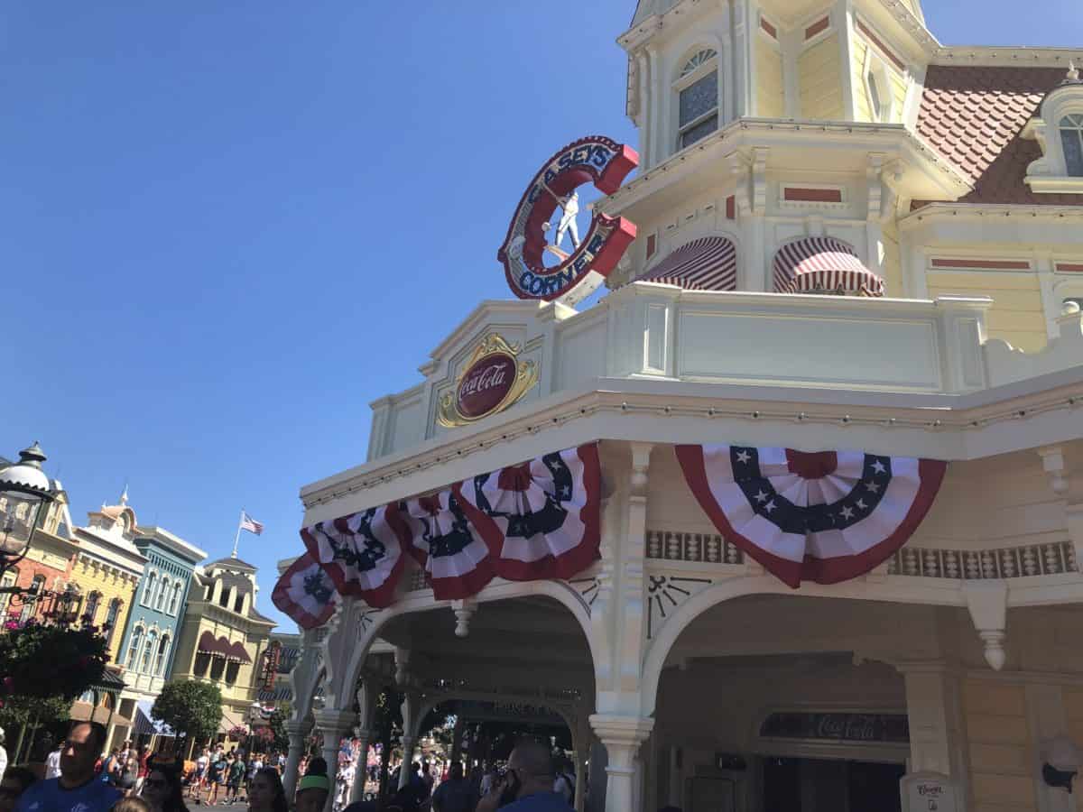 red, white, and blue ruffled banners outside of Casey's Corner