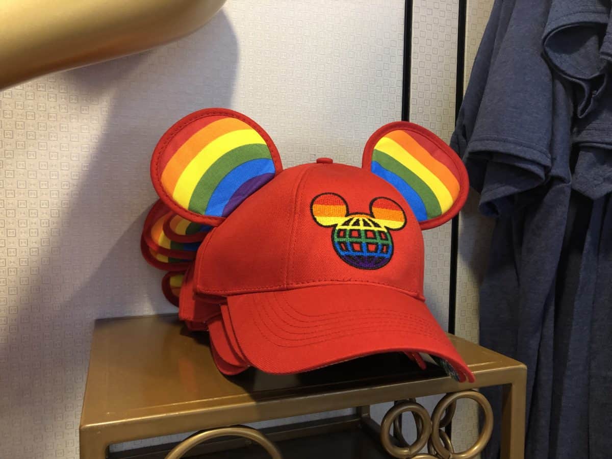 Red Baseball Cap with retro rainbow Mickey logo and Rainbow ears
