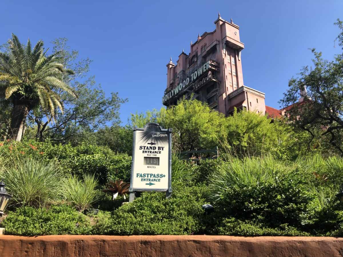Tower of Terror wait time sign and building in the background