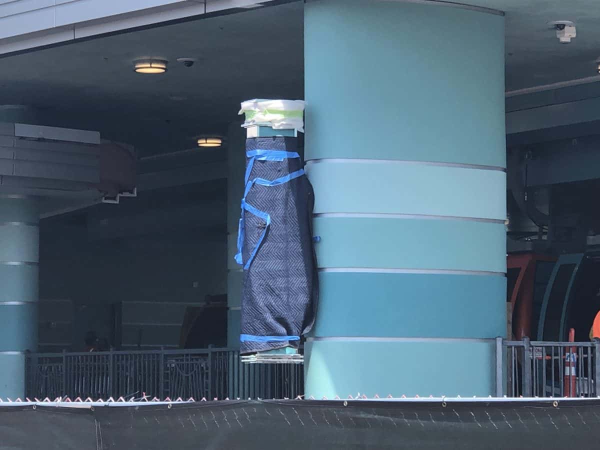 Hollywood Studios Skyliner Station Sign wrapped in padded blankets and tape