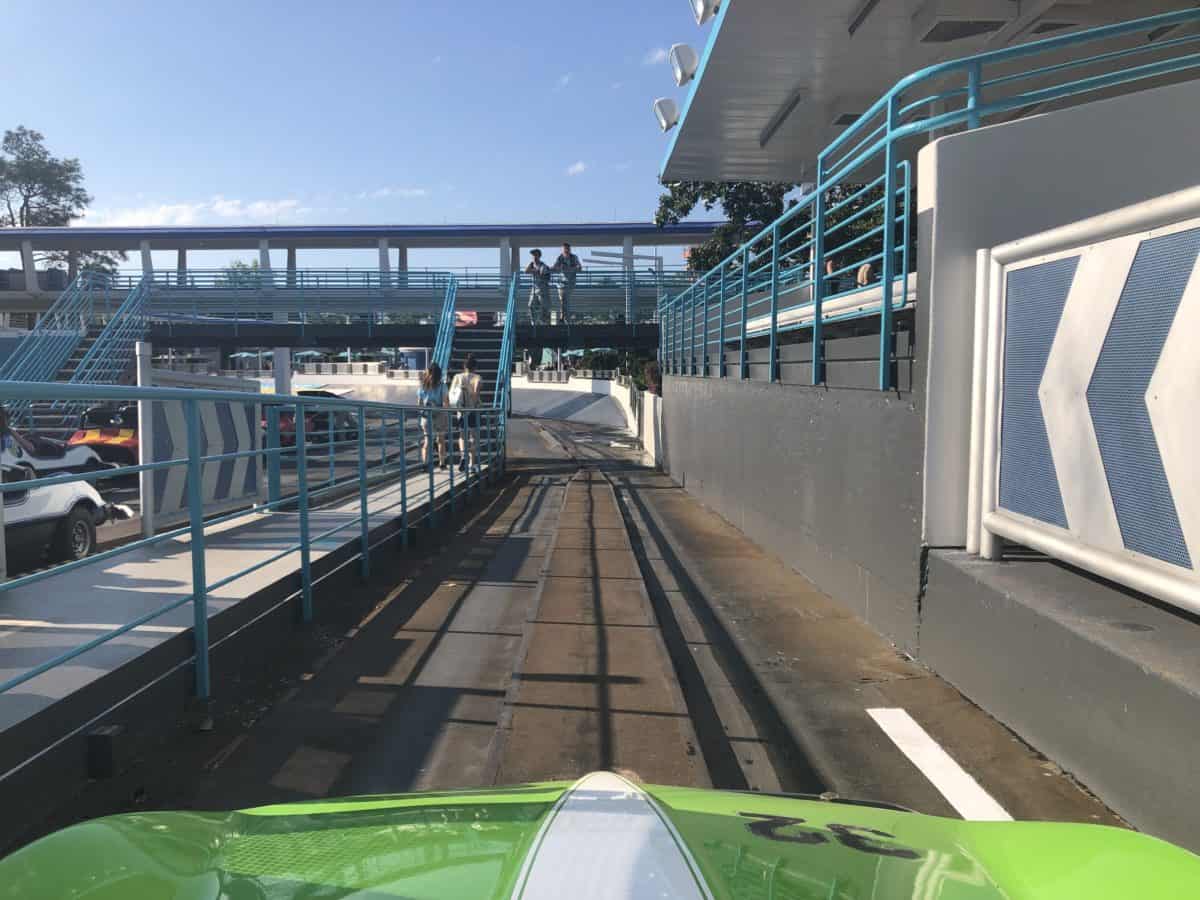 View from the driver's seat of the Tomorrowland Speedway car 