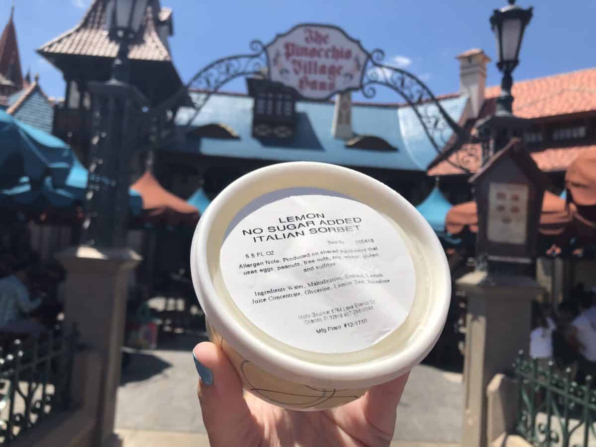 Lemon Sorbet in a generic container held in front of the Pinocchio Village Haus sign
