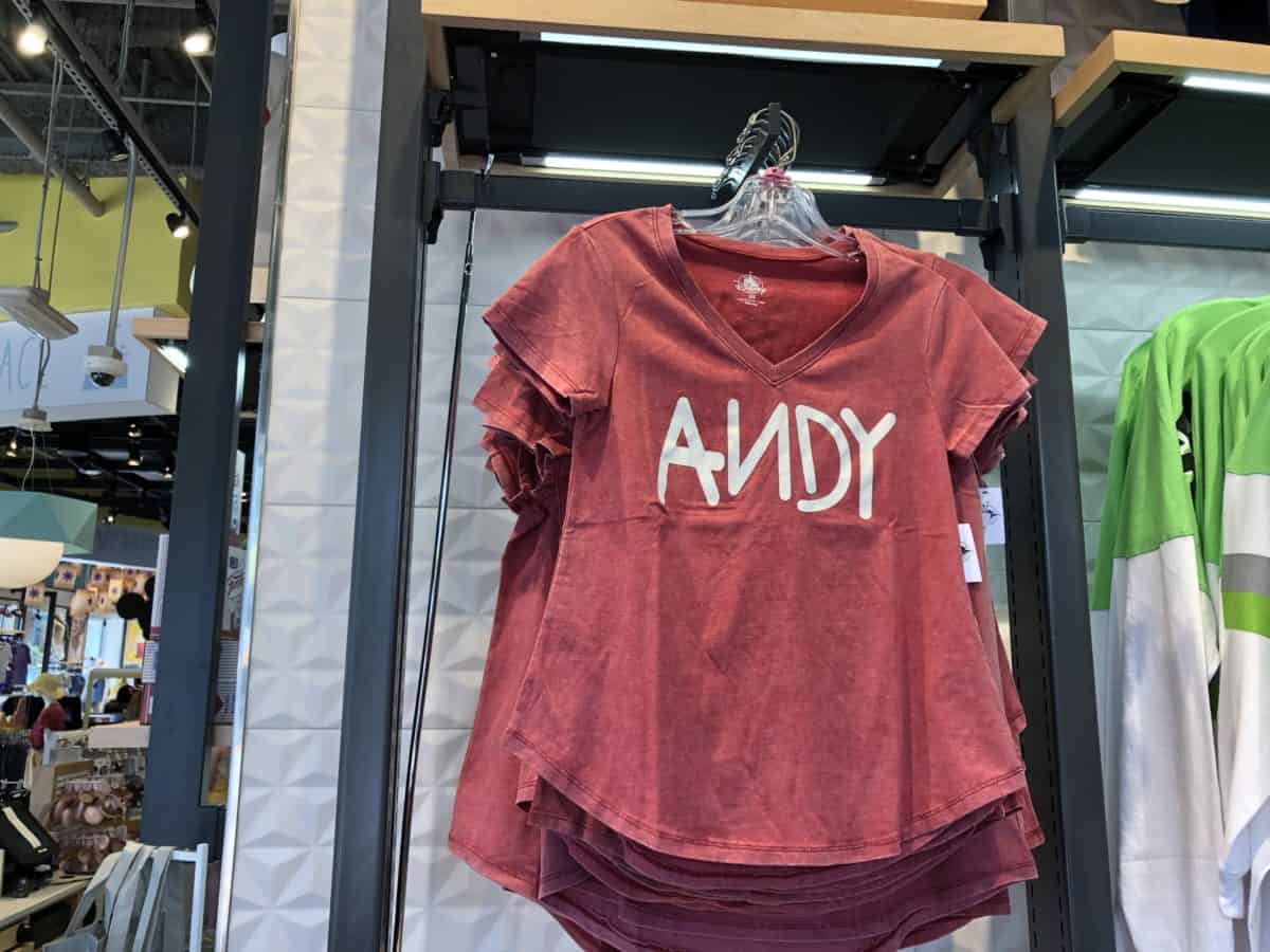 Red shirt with ANDY in the style on the feet of the Toy Story toys