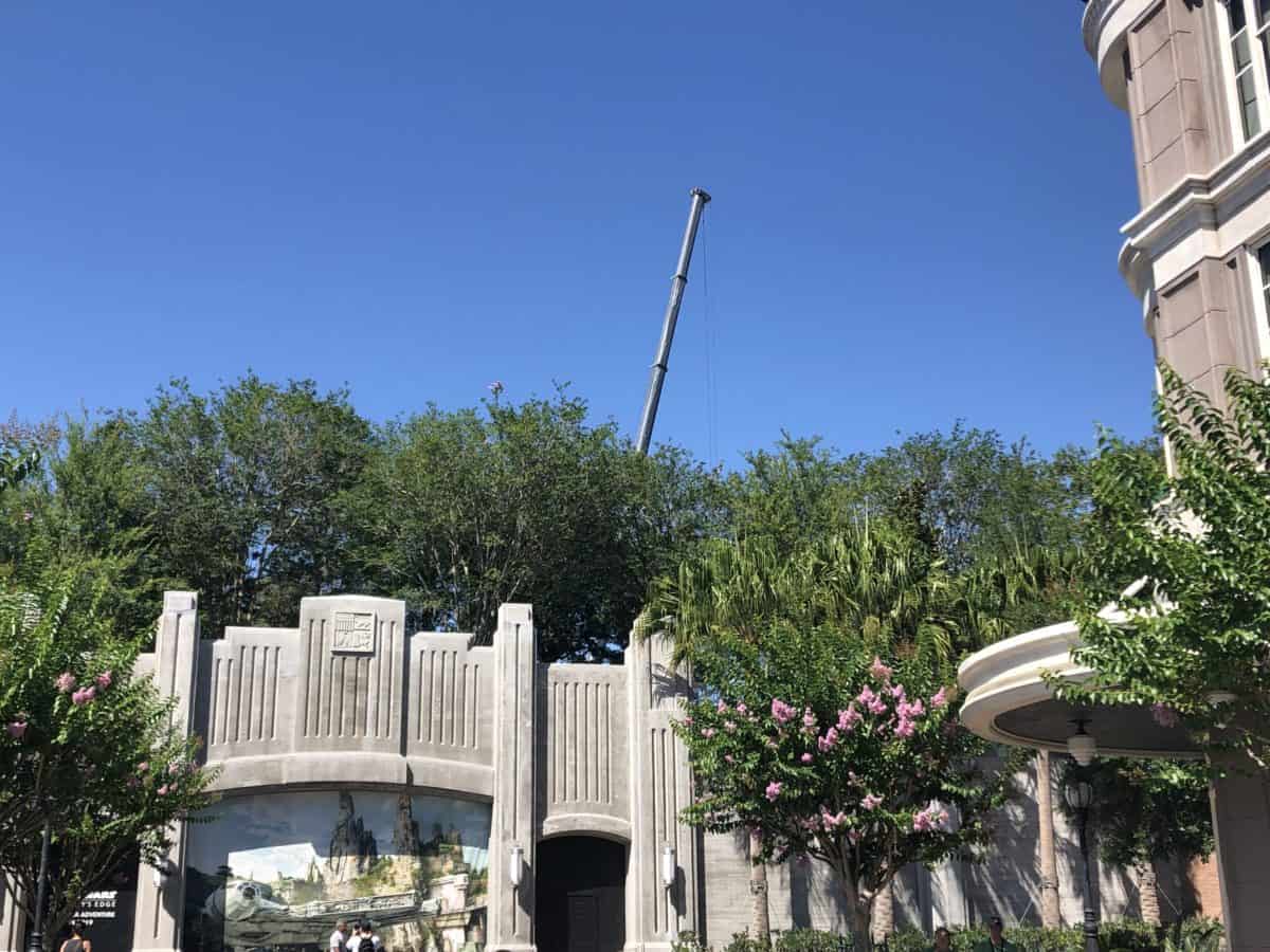 A tall crane towering over Galaxy's Edge