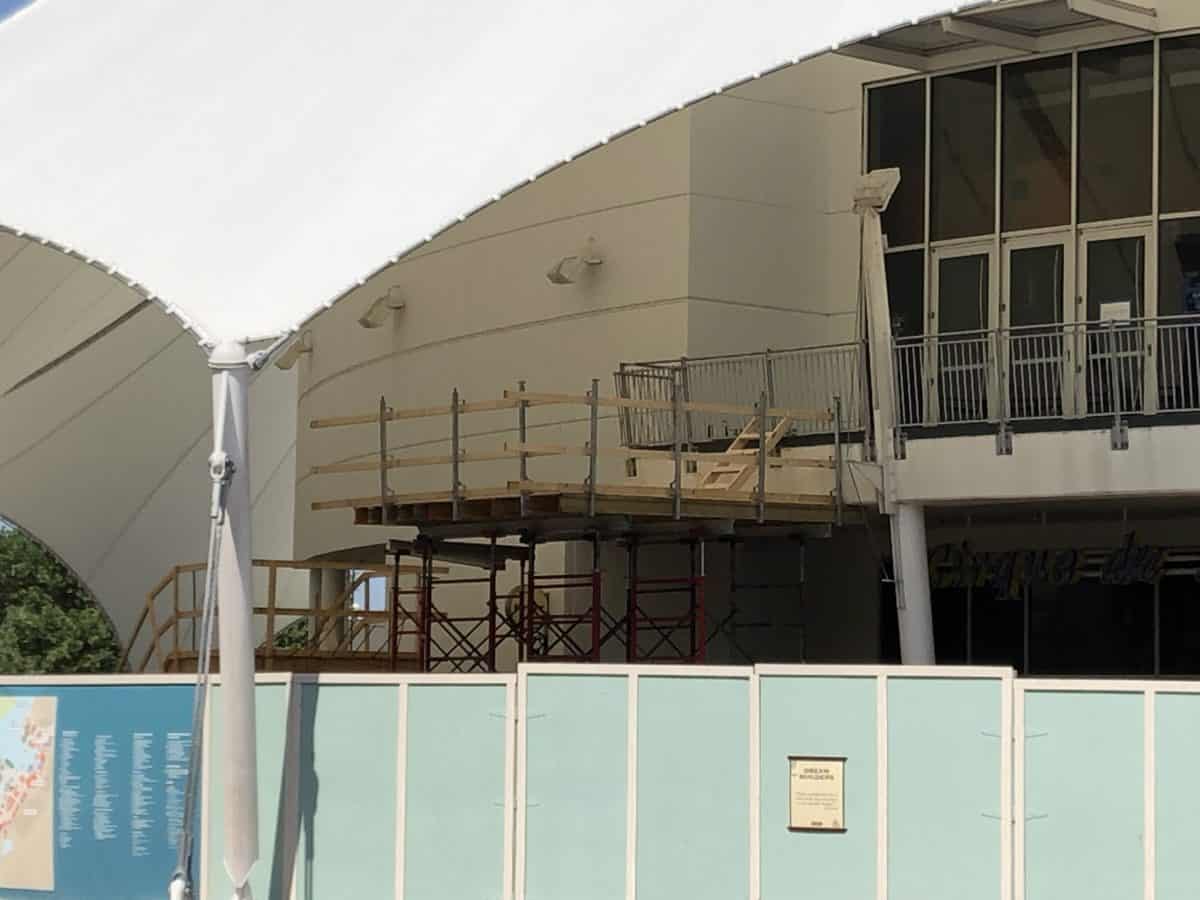 Construction on the outside of the Cirque du Soleil building that looks like a new set of stairs