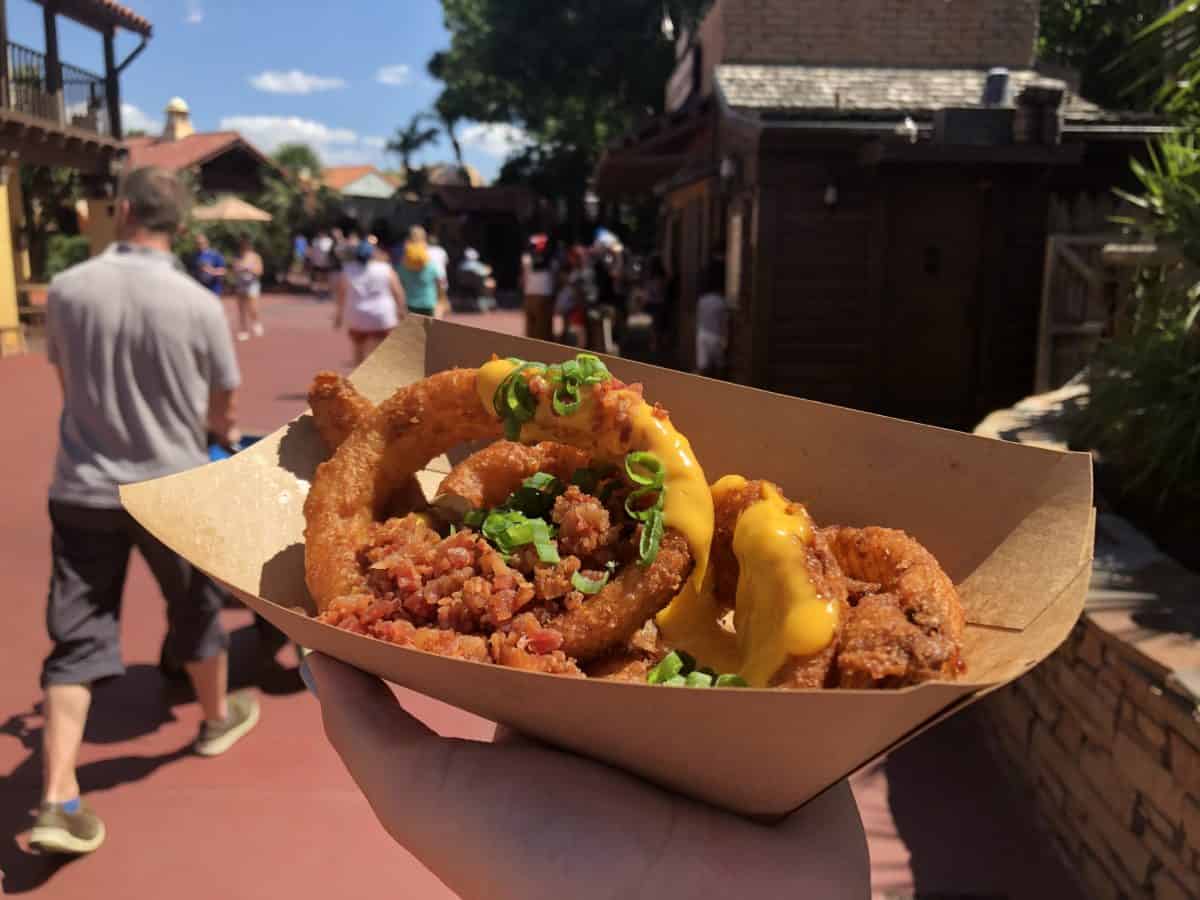 Loaded Onion Rings with cheese, scallions, and bacon