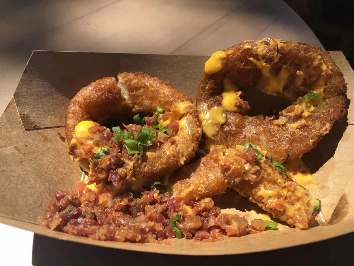 Bacon, cheese, and scallion loaded onion rings