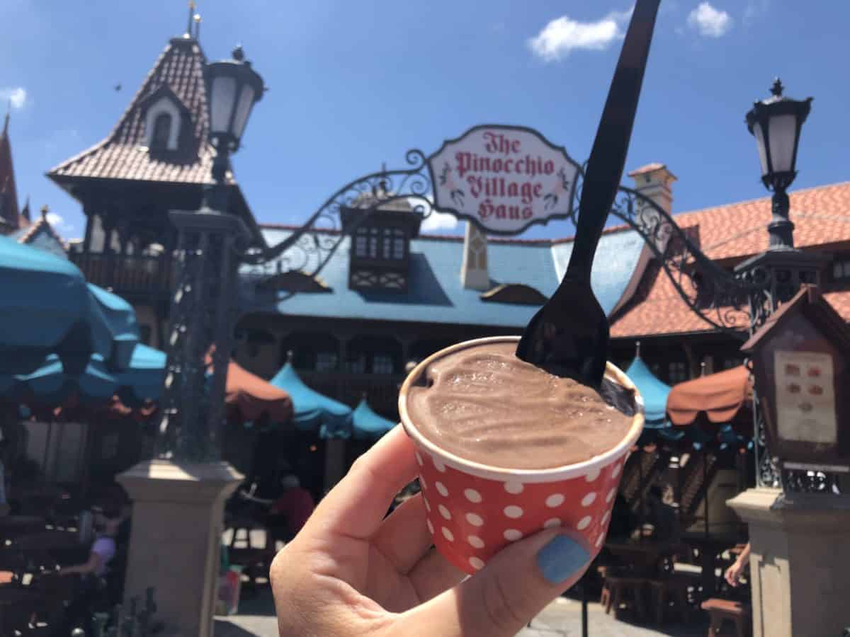 Chocolate Gelato in front of Pinocchio Village Haus