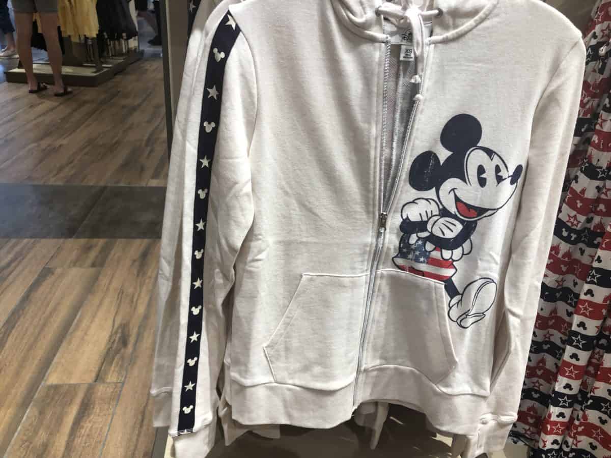 Zip Up Mickey Ameircana Hoodie with a stripe of stars up one sleeve.