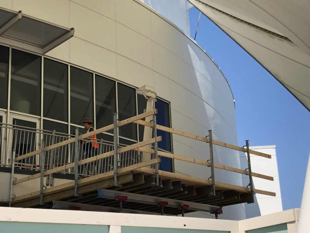 Construction on the outside of the Cirque du Soleil building that looks like a new set of stairs